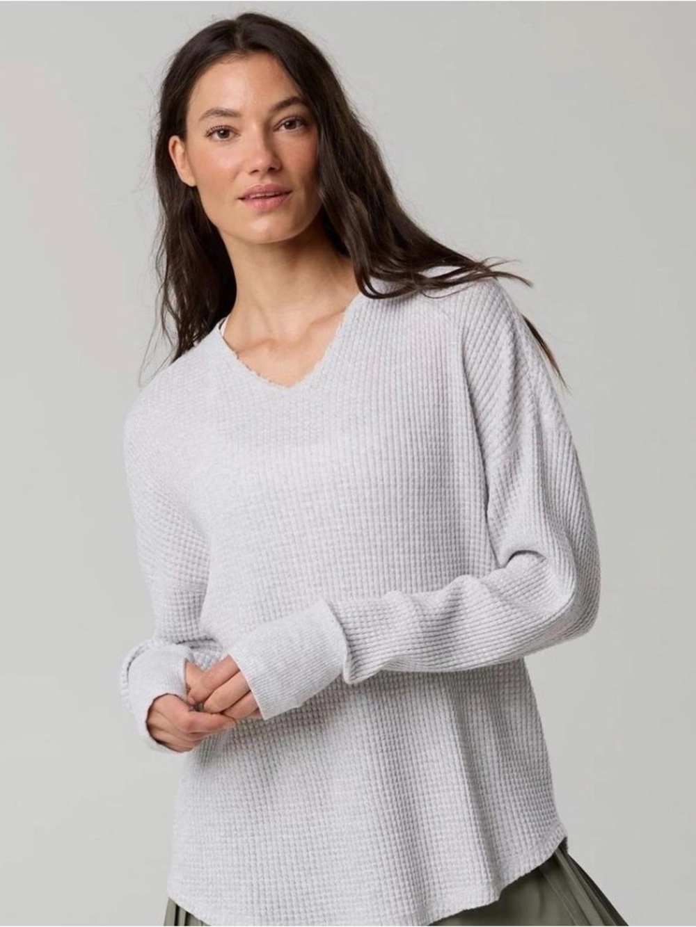Offline by Aerie Light Gray Waffle-Knit V-Neck Long Sleeve Top
